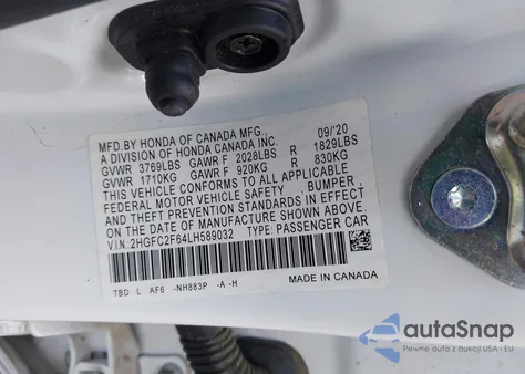 2020 Honda Civic Lx z USA, uszkodzony, nr VIN 2HGFC2F64LH589032